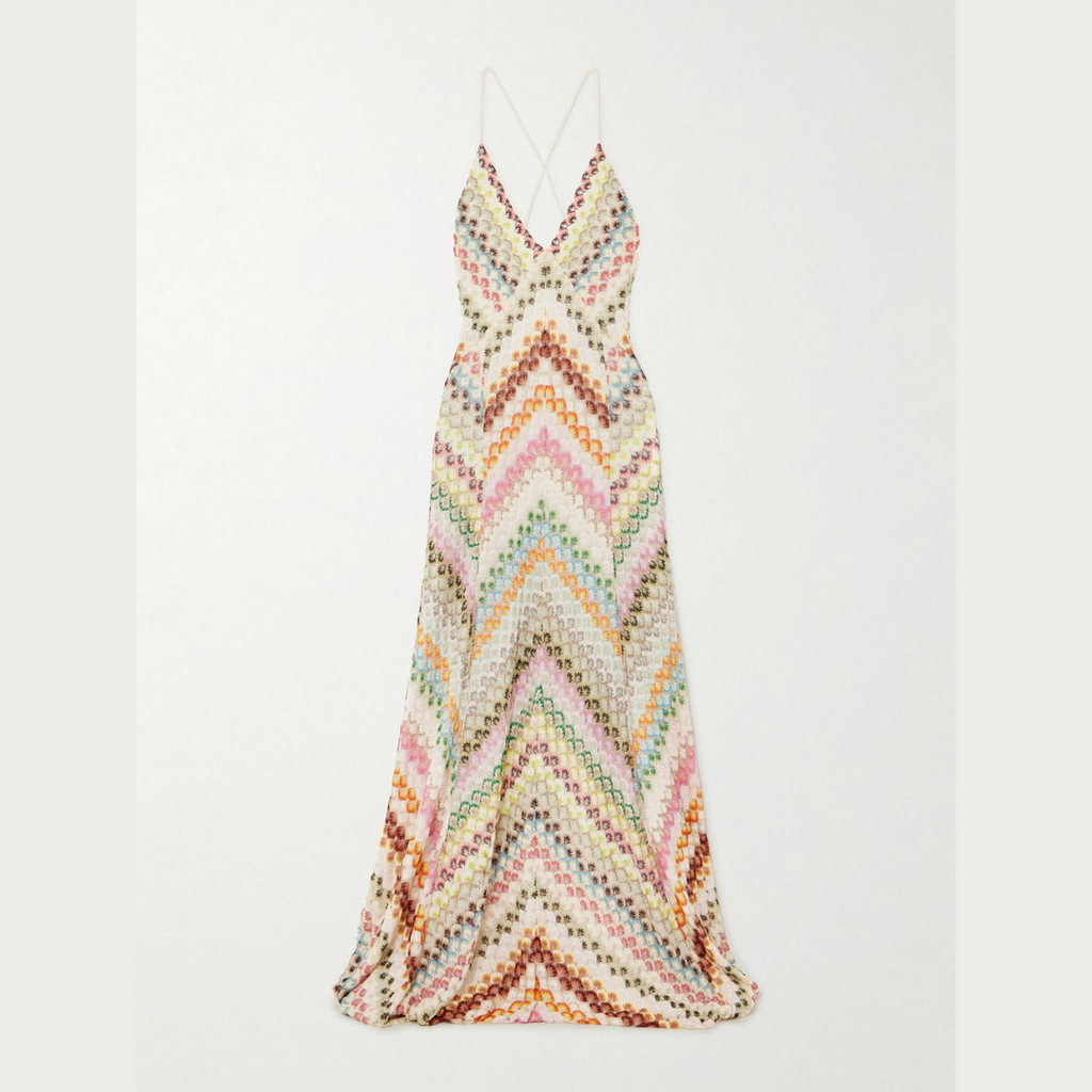ROBE LONGUE OUVERTE A IMPRIMÉ CHEVRONS COLORE EN MAILLE