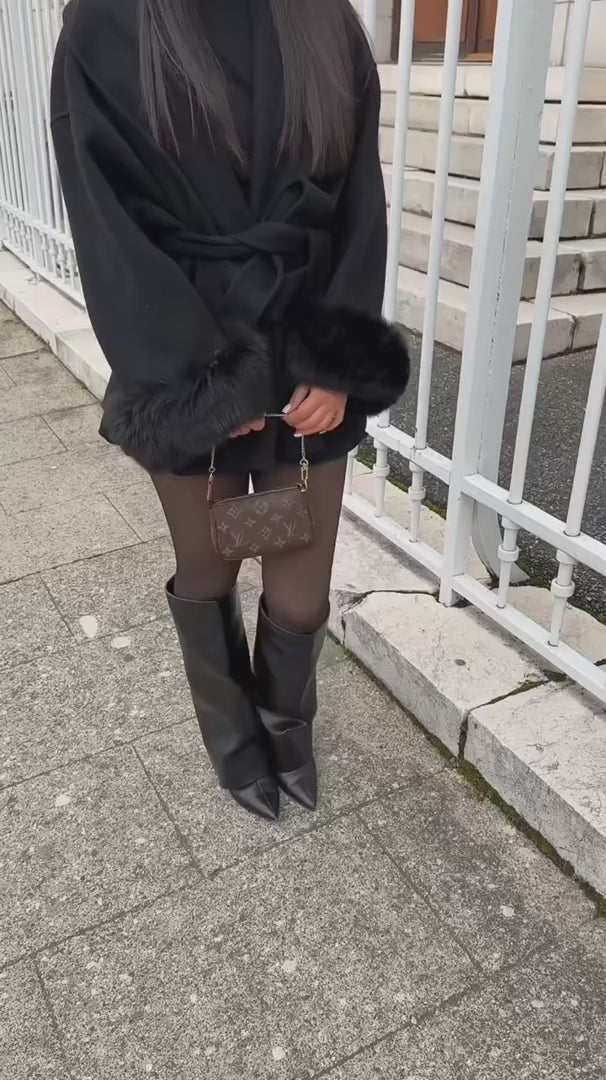 MANTEAU EN LAINE AVEC FOURRURE - NOIR ÉLÉGANT